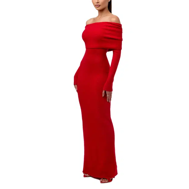 NAKED WARDROBE Boucle Off-Shoulder Maxi Dress Knits