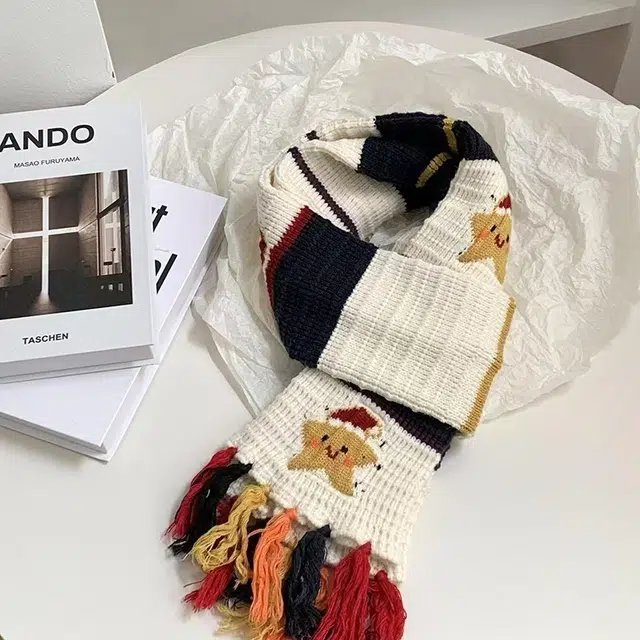 恩僾德 氛围感五角星雪人笑脸针织高颜值小众保暖加厚流苏 聚酯纤维 绒线围巾 男女同款情侣款