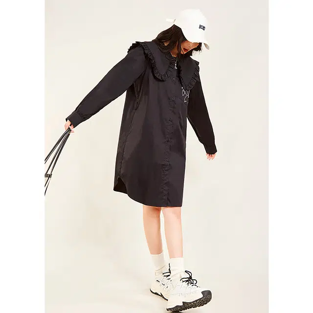 木果果木 学院风时尚舒适长袖连衣裙 女款 黑色