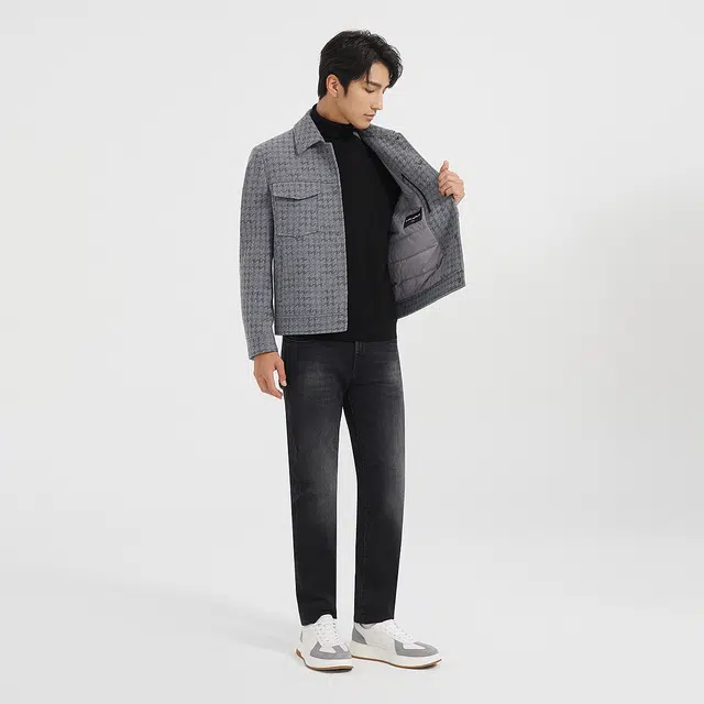 利郎 保暖格子翻领口袋装饰时尚都市毛呢冬季大衣 男款