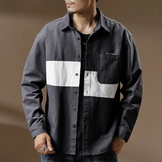 贵色 百搭纯棉设计感小众休闲高端美式文艺痞帅拼接撞色外套长袖衬衫 男女同款