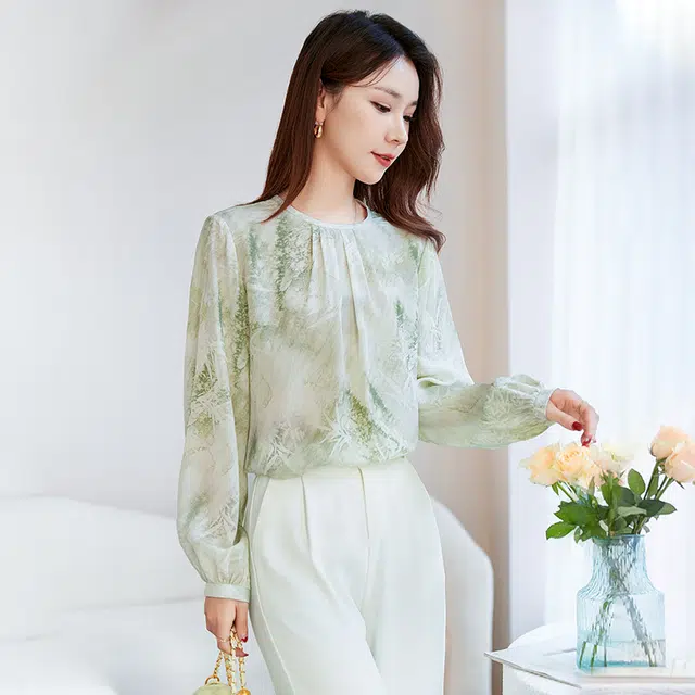 水墨佳人 桑蚕丝印花圆领衬衫 女款