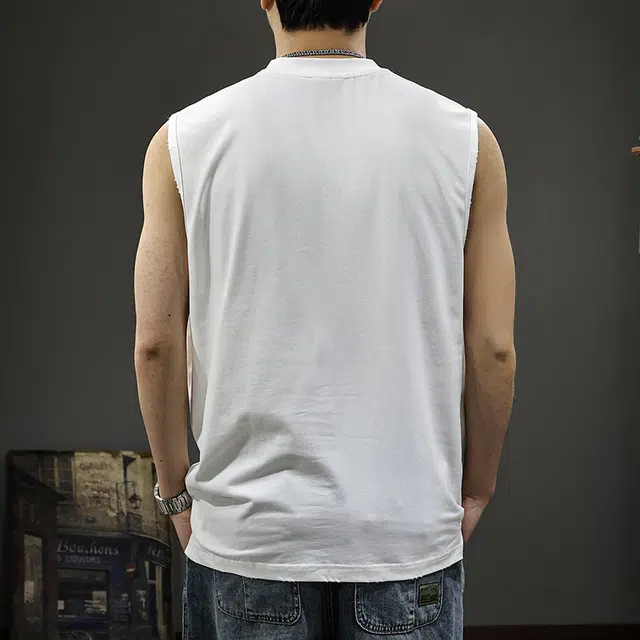 前进牛 美式休闲纯棉亨利领男士潮流休闲潮牌宽松薄款无袖坎肩百搭短袖背心 男女同款