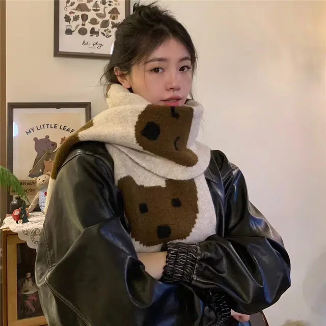 恩僾德 日系可爱眼镜小狗百搭针织防寒保暖 聚酯纤维 绒线围巾 男女同款情侣款