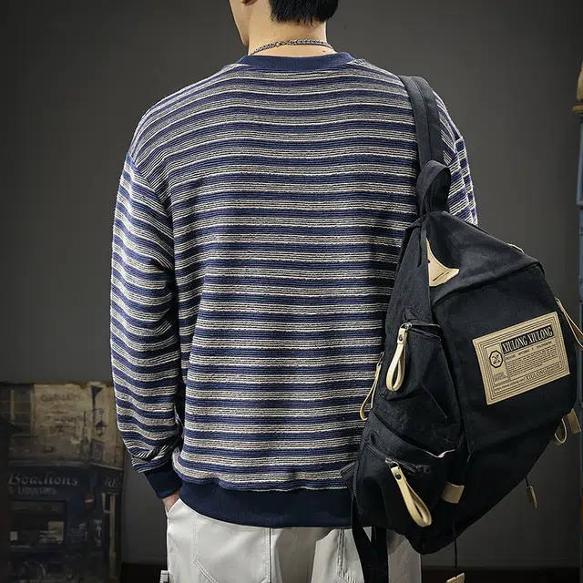 前进牛 秋季美式复古经典潮流条纹圆领极简风潮流撞色宽松户外百搭休闲长袖卫衣 男款