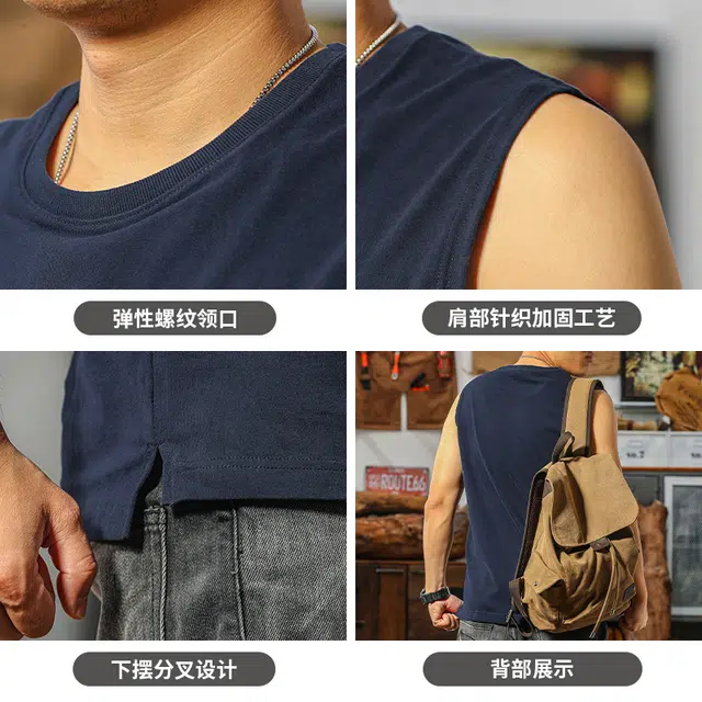 季言 美式复古潮流坎肩运动字母印花无袖背心 男款 宝蓝色