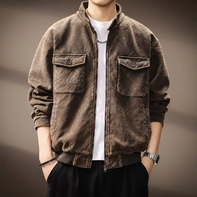 贵色 美式高端复古斑马纹高街风工装立领时尚都市痞帅洗褪蜡感皮夹克 男女同款