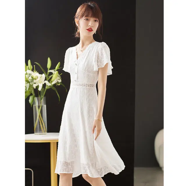 爱依莲 时尚舒适百搭短袖连衣裙 女款 白色