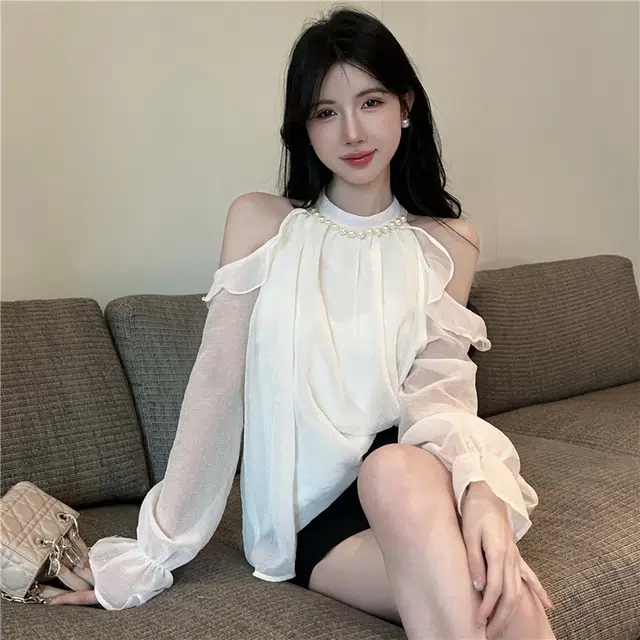 纤丝鸟 小香风挂脖上衣高级感长袖雪纺衫 女款
