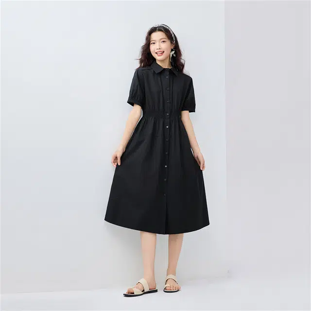 佐丹奴 纯棉府绸打揽收腰衬衫裙翻领短袖连衣裙 女款