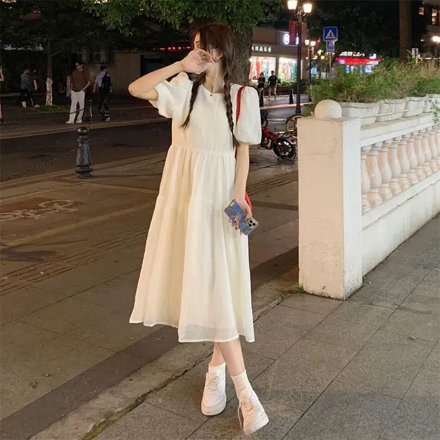 纤丝鸟 韩版时尚气质温柔风收腰短袖连衣裙 女款