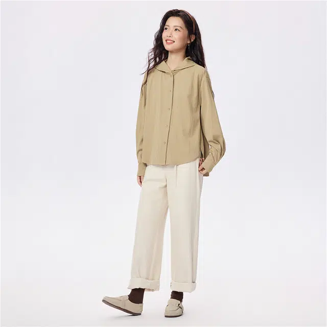 佐丹奴 挺括量感衬衣前短后长宽松连帽长袖衬衫 女款