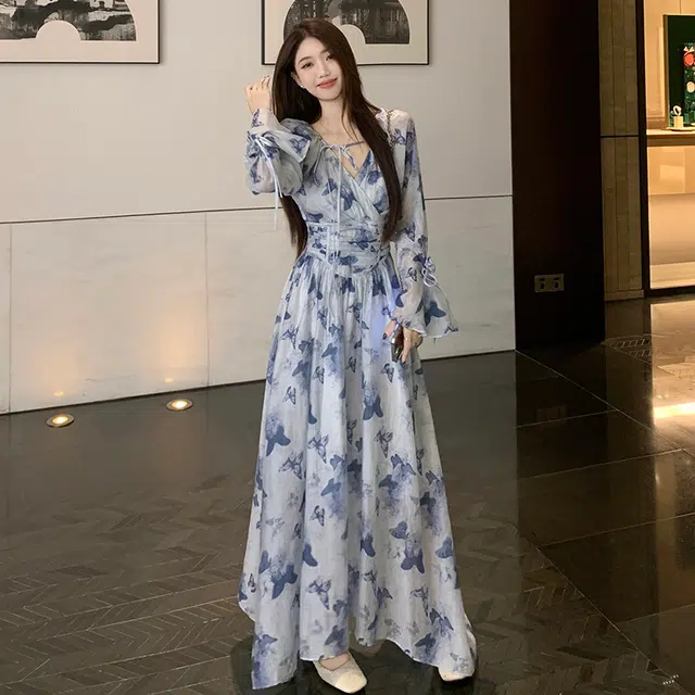 纤丝鸟 气质法式宽松收腰荷叶袖印花长裙长袖连衣裙 女款