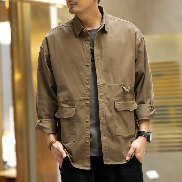 格蓝鹿 夏季 纯色纯棉休闲耐磨做旧痞帅机能工装经典美式复古日常上班通勤翻领长袖衬衫 宽松型 男女同款