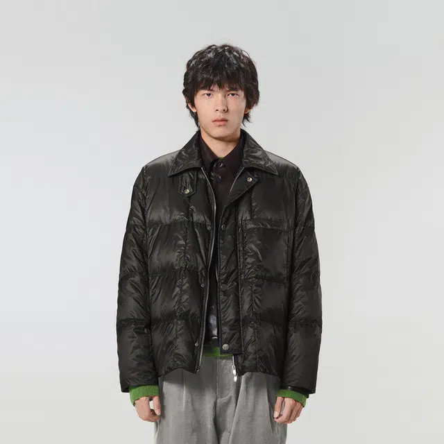 速写 纯色单排扣翻领宽松短款羽绒服外套 男女同款