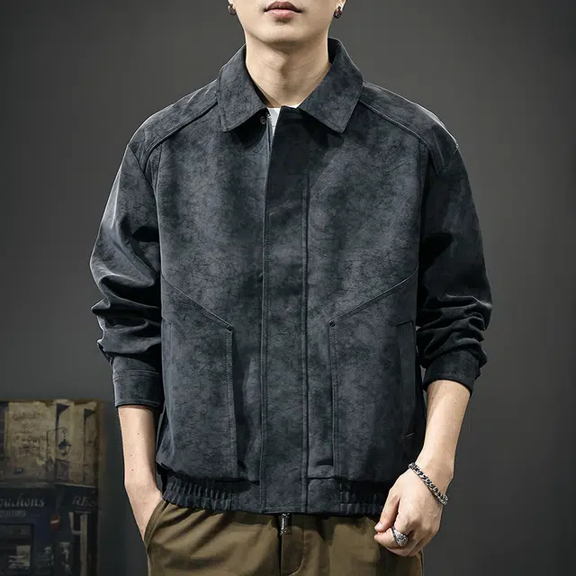 前进牛 美式休闲复古潮牌军事工装风潮流百搭宽松大码痞帅翻领飞行员外套皮衣 男款