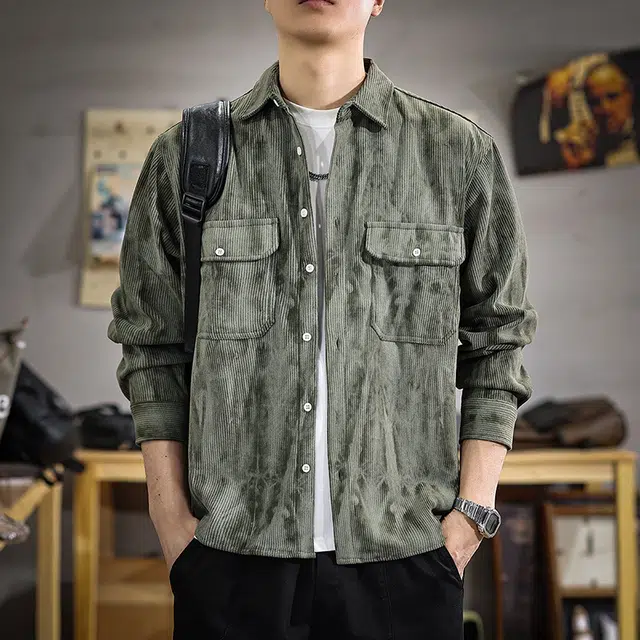 遨宇 美式复古潮牌印染水洗灯芯绒长袖宽松重磅休闲户外衬衫 男女同款