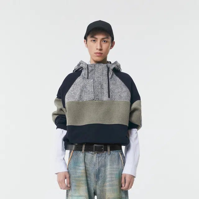 速写 复古牛仔拼接连帽套头卫衣 男女同款