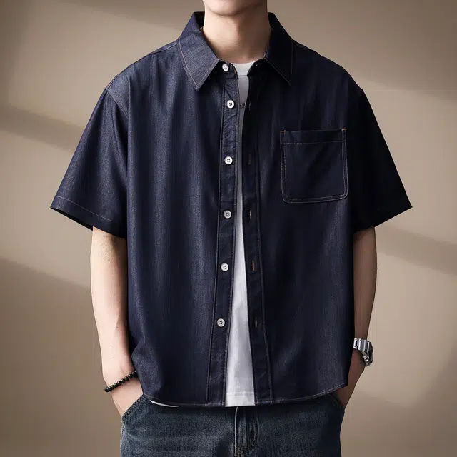 贵色 高端美式复古时尚潮流牛仔纯色简约口袋拼接新中式设计感休闲翻领单排扣短袖衬衫 男女同款