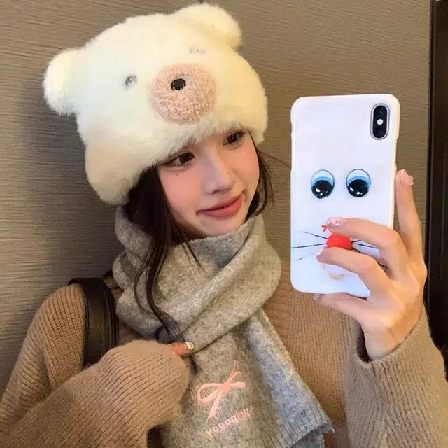 恩僾德 日系可爱萌趣卡通小熊耳朵毛绒套头帽女小众显脸小百搭冬季保暖护耳防寒针织冷帽 聚酯纤维 绒线帽 男女同款情侣款