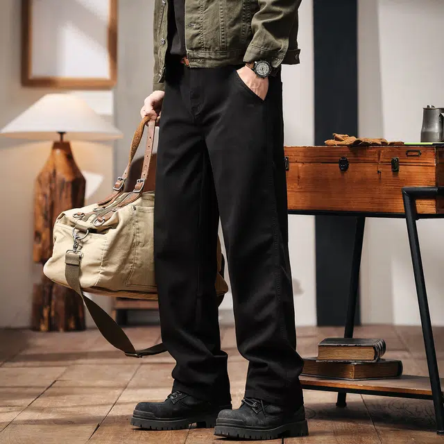 格蓝鹿 美式做旧重磅复古潮牌宽松立体水洗直筒大码垂感休闲工装裤 男女同款 黑色