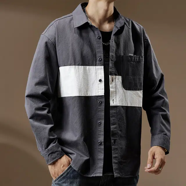 贵色 百搭纯棉设计感小众休闲高端美式文艺痞帅拼接撞色外套长袖衬衫 男女同款