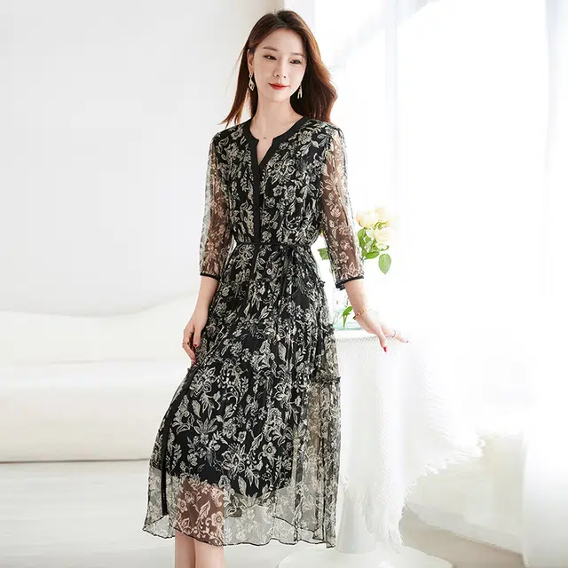 水墨佳人 印花时尚显瘦百搭舒适短袖连衣裙 女款 黑色