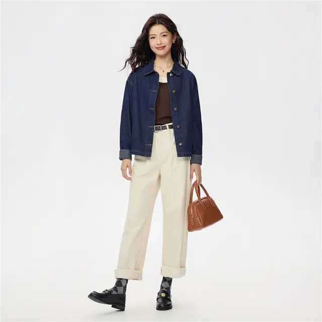 佐丹奴 随性时髦风水洗条纹内里翻领宽松牛仔外套 女款