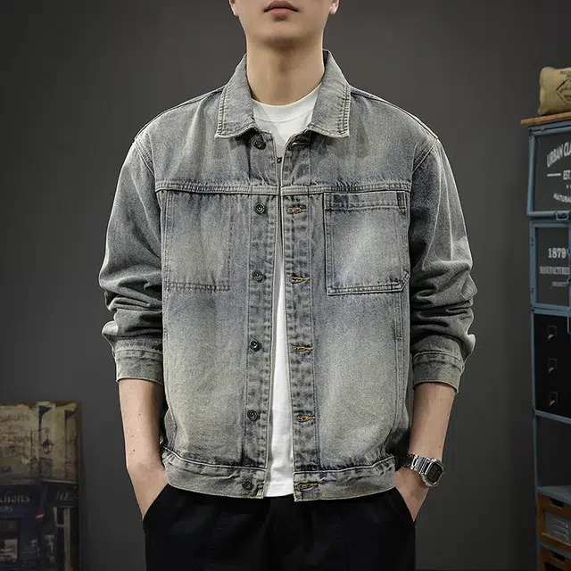 前进牛 秋季美式休闲经典复古潮牌高街极简风多口袋重磅水洗痞帅潮流城市户外宽松大码工装风牛仔外套 男款