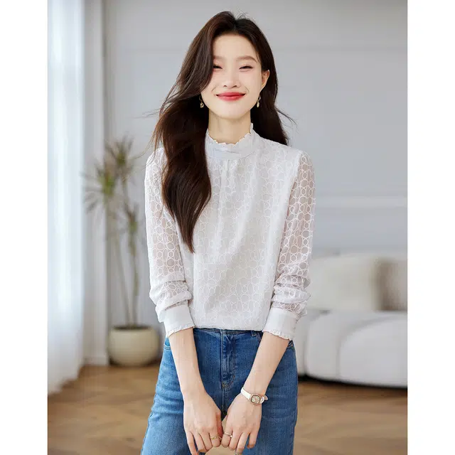 爱依莲 春秋季 纯色舒适百搭时尚立领长袖衬衫 女款 白色