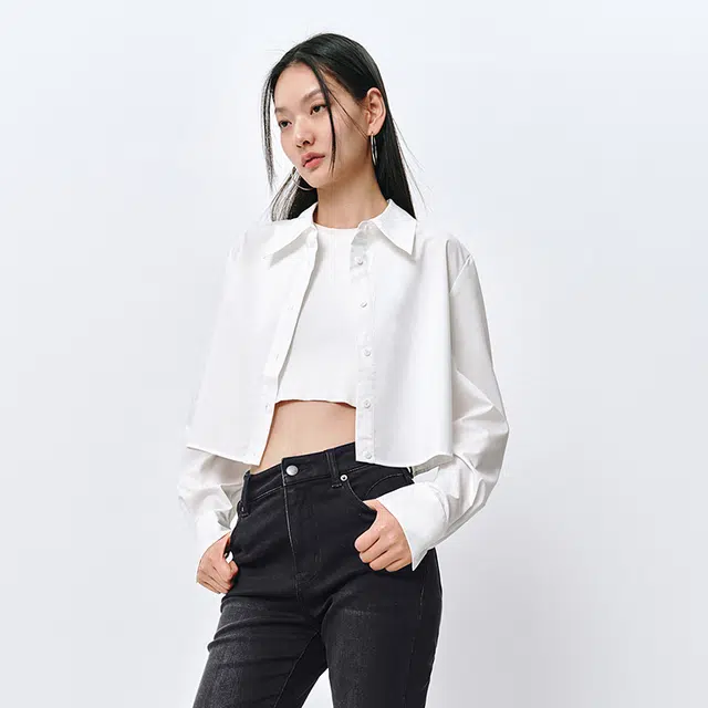 太平鸟 简约短款衬衫截短式小衫上衣 女款 白色
