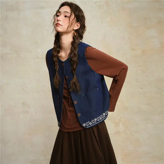 佐丹奴 撞色绣花下摆圆领牛仔外套马甲 女款