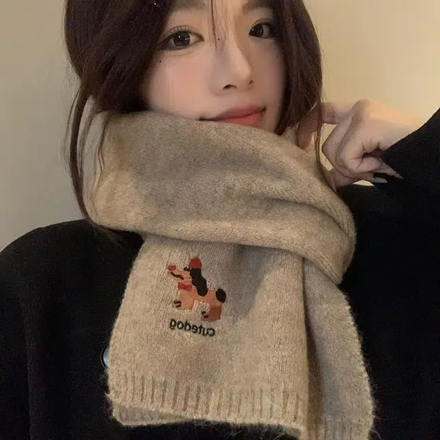 恩僾德 可爱小狗刺绣针织秋冬保暖防寒时尚百搭高级感 聚酯纤维 围脖 男女同款情侣款