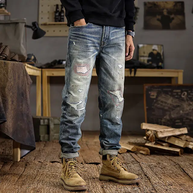 遨宇 美式经典复古潮牌水洗极简风高级感泼墨潮流休闲户外百搭修身直筒长裤牛仔裤 男款