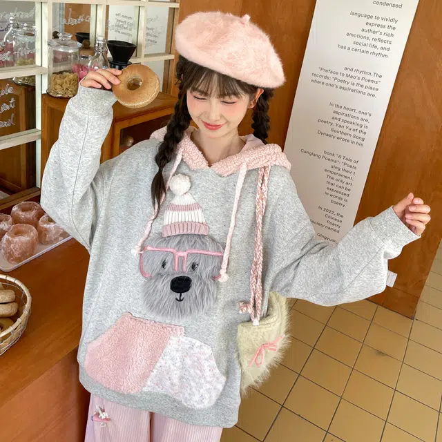 森女部落 潦草小狗闺蜜装连帽萌趣风拼贴套头可爱卫衣 女款