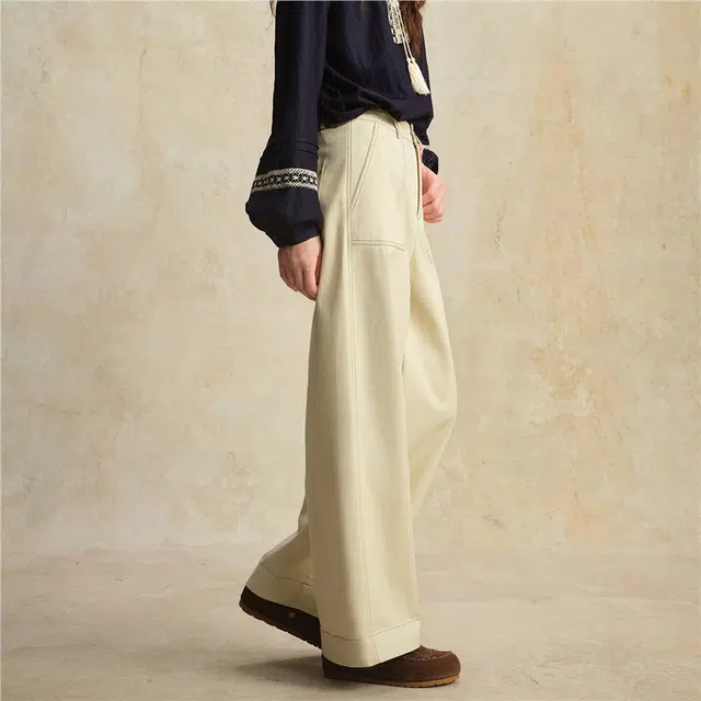 佐丹奴 卢正义明星同款明线拼接格纹半松紧腰梭织阔腿长裤休闲裤 女款