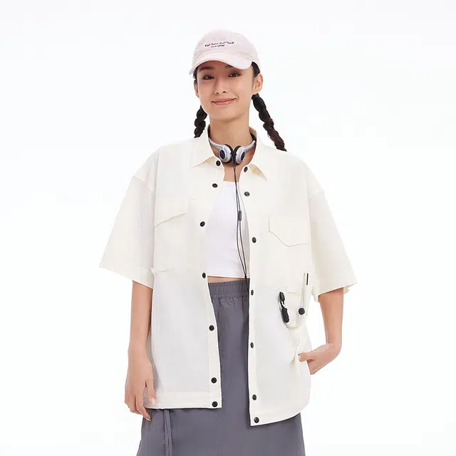 美特斯邦威 山系户外工装肌理宽松短袖衬衫 男女同款