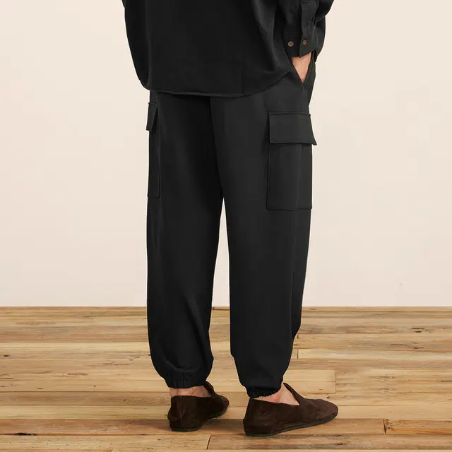 速写 宽松柔软束脚侧口袋纯色休闲裤 男款 本黑
