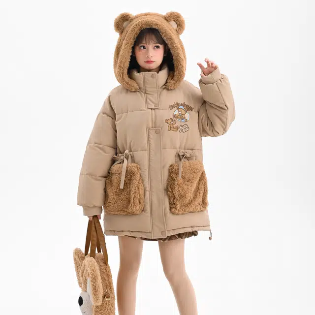 森女部落 原创可爱小熊棉衣保暖中长款可拆帽子棉服 女款 浅卡其色