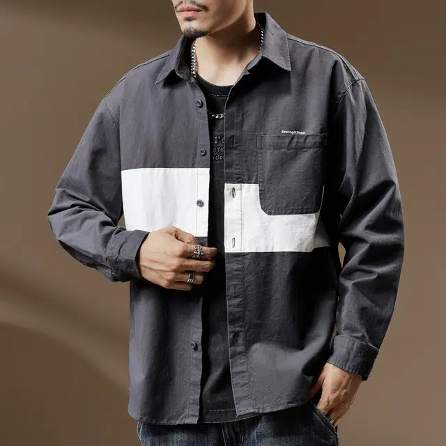 贵色 百搭纯棉设计感小众休闲高端美式文艺痞帅拼接撞色外套长袖衬衫 男女同款