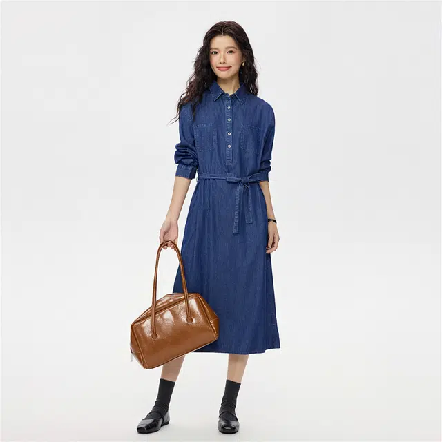 佐丹奴 纯棉薄款口袋绑带翻领牛仔长袖连衣裙 女款