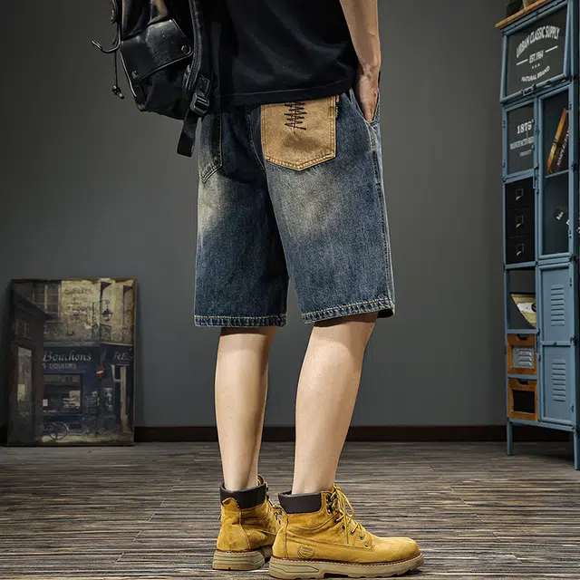 前进牛 美式休闲经典复古潮牌设计感夏季痞帅休闲潮流刺绣水洗五分裤牛仔短裤 男女同款