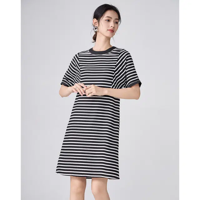 爱依莲 条纹百搭简约短袖连衣裙 女款