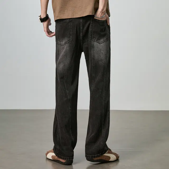 童先森 有型系列 潮牌复古拼接水洗痞帅宽松直筒牛仔裤 男款