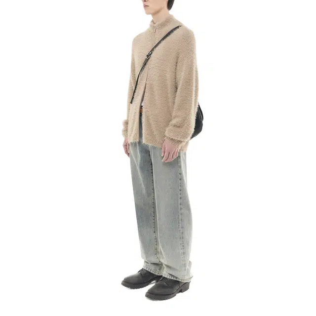 BESLOW HAIRY KNIT HIGH NECK ZIP-UP