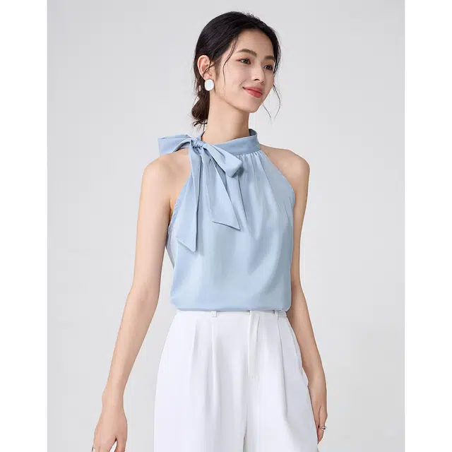 爱依莲 时尚小众蝴蝶结挖肩背心女气质显瘦花衬衣无袖衬衫 修身 女款 冰川蓝