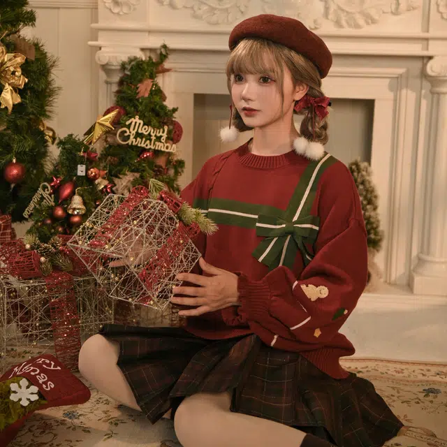 森女部落 圣诞系列套撞色复古立体蝴蝶结针织 圣诞毛衣 女款 红色