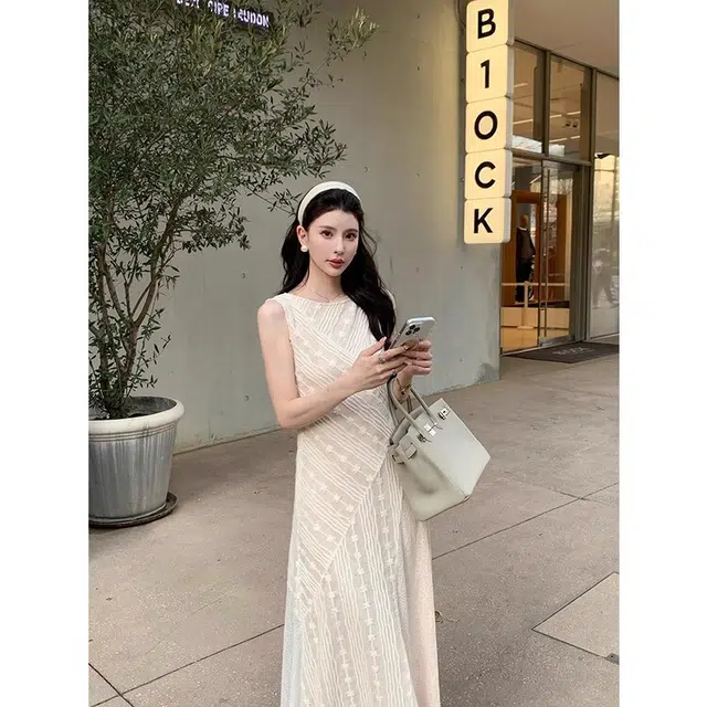 水中花 蕾丝拼接提花气质长裙无袖连衣裙 女款