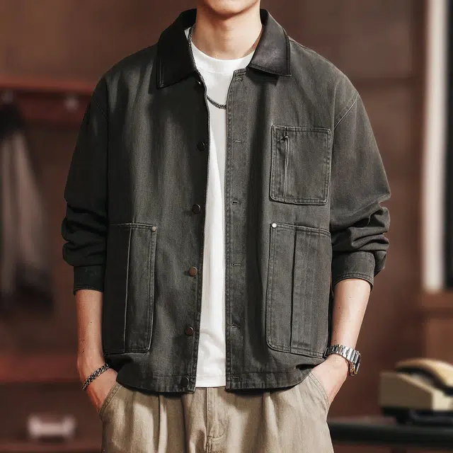 格蓝鹿 美式潮流复古阿美咔叽风工装多口袋宽松长袖潮牌痞帅休闲户外出行穿搭翻领上衣夹克外套 男款