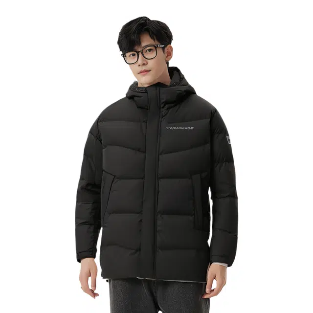 特步 综训系列 舒适休闲纯色简约连帽中长款羽绒服 男款 正黑色